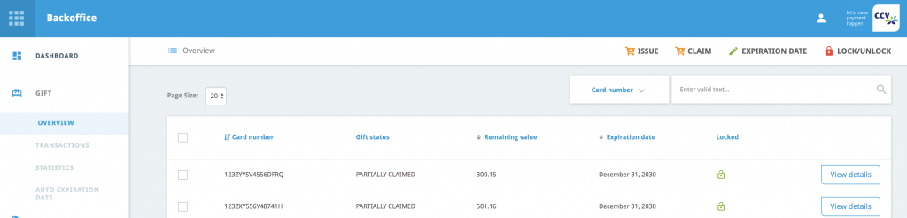 Claim and issue functionalities on the gift overview